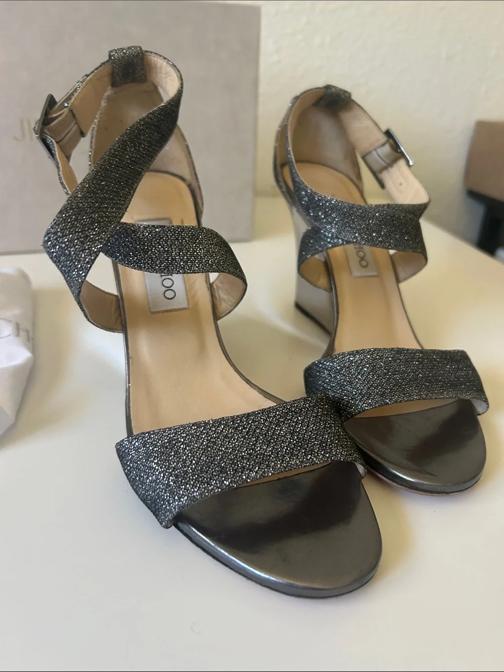 Jimmy Choo Black Glitter Strappy Ankle Sandals